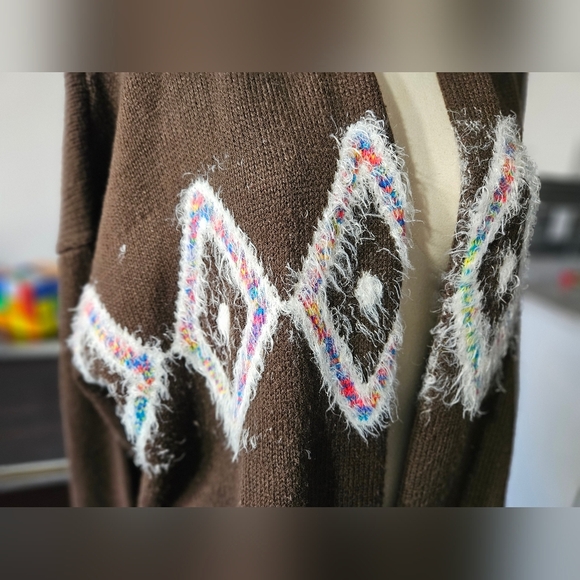 Long Brown Fringed Cardigan, Sz L, New Directions, Boho Aztec Pattern - Picture 3 of 6